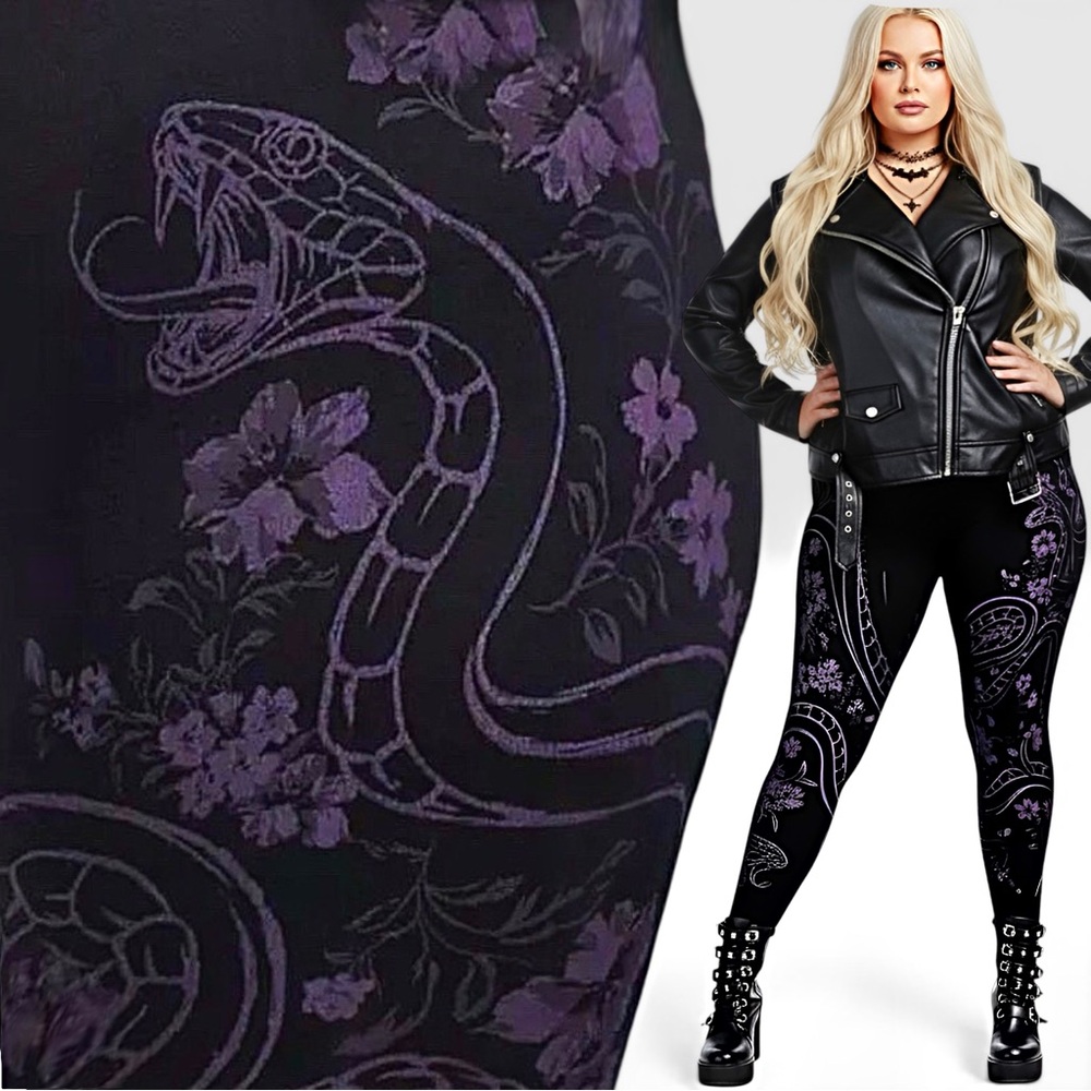torrid Black Leggings with Purple Snake & Floral Print